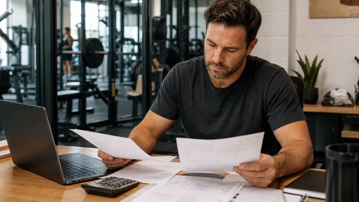 Gym owner comparing software costs at reception