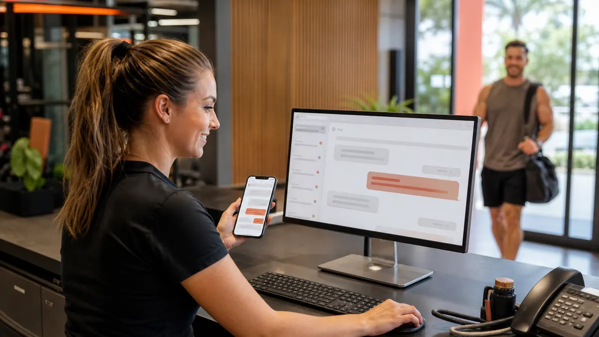 Gym receptionist messaging a member from one inbox