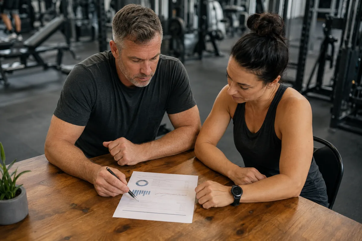 Gym owner and coach reviewing business performance reports