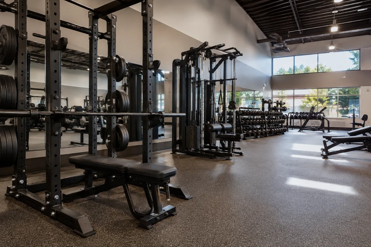 Commercial strength equipment arranged in a gym showroom