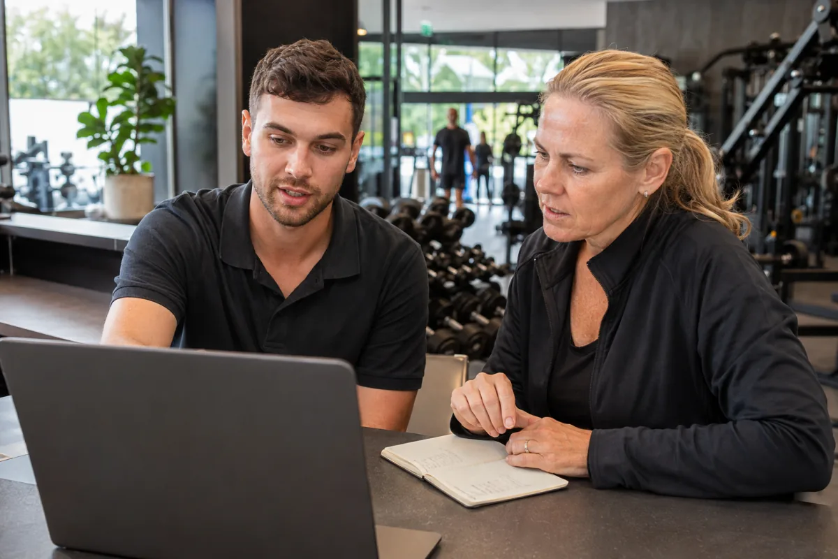 Gym managers comparing tools for member follow-up at reception
