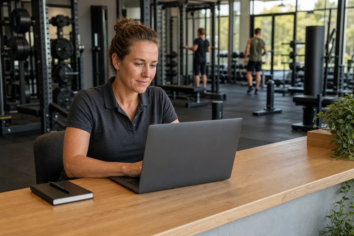 Gym owner reviewing software options at a strength gym reception desk