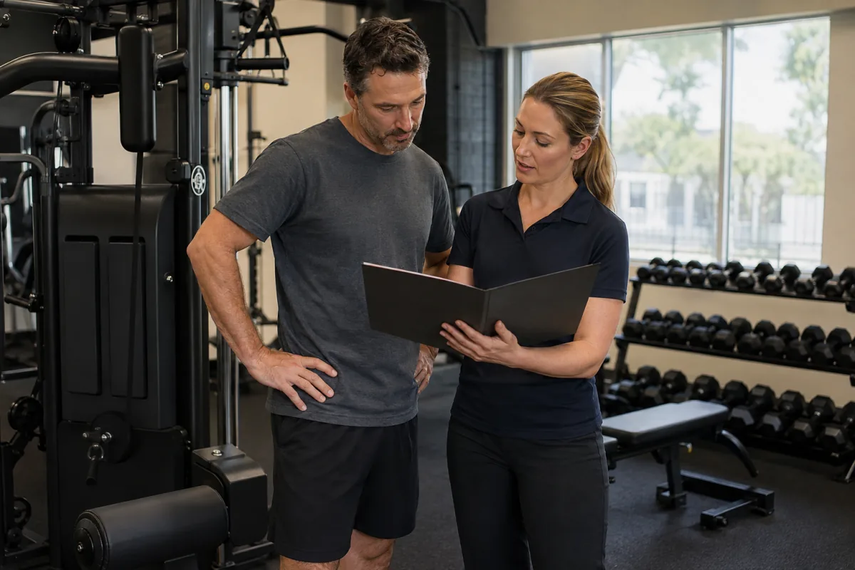 Gym owner and supplier discussing equipment purchasing options