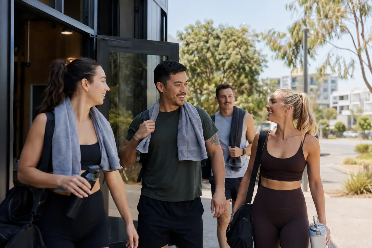 Members leaving an Australian fitness studio after a morning session