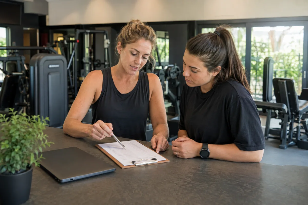 Gym owner and front-desk colleague reviewing a CRM features checklist