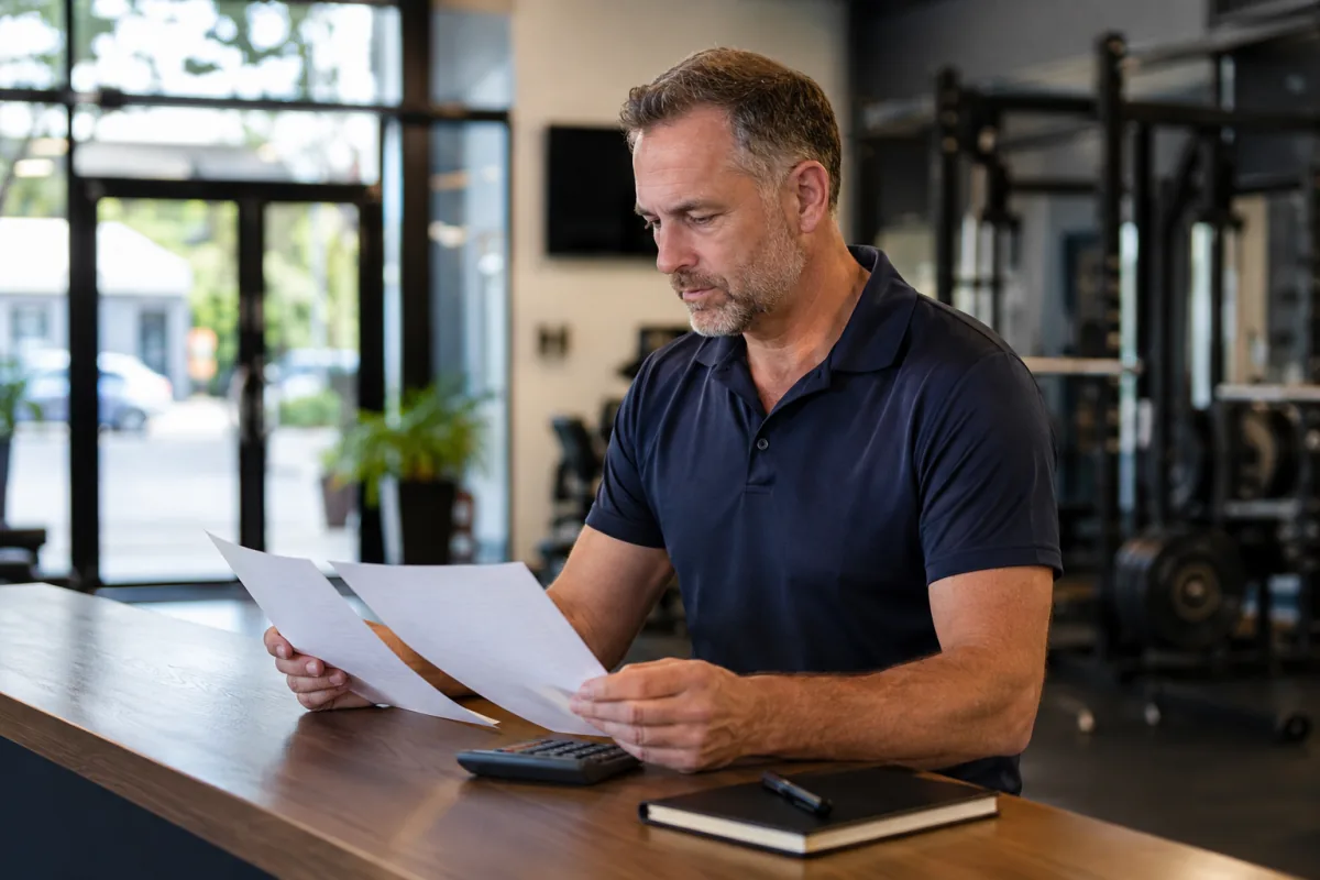 Gym owner reviewing CRM quotes and calculating costs at reception