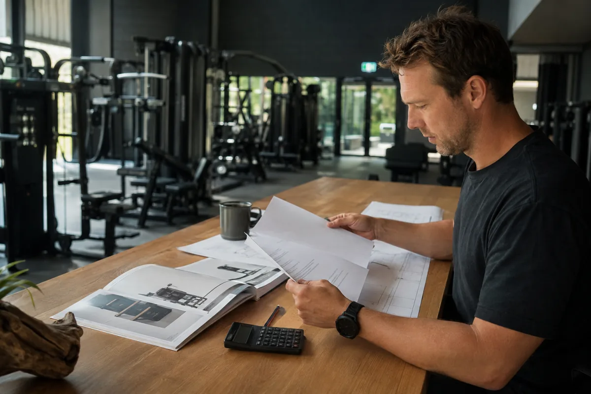 Equipment planner comparing quotes beside a commercial gym floor