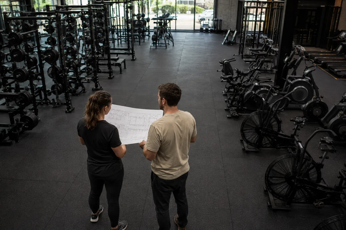 Gym planners checking a floor plan against equipment zones