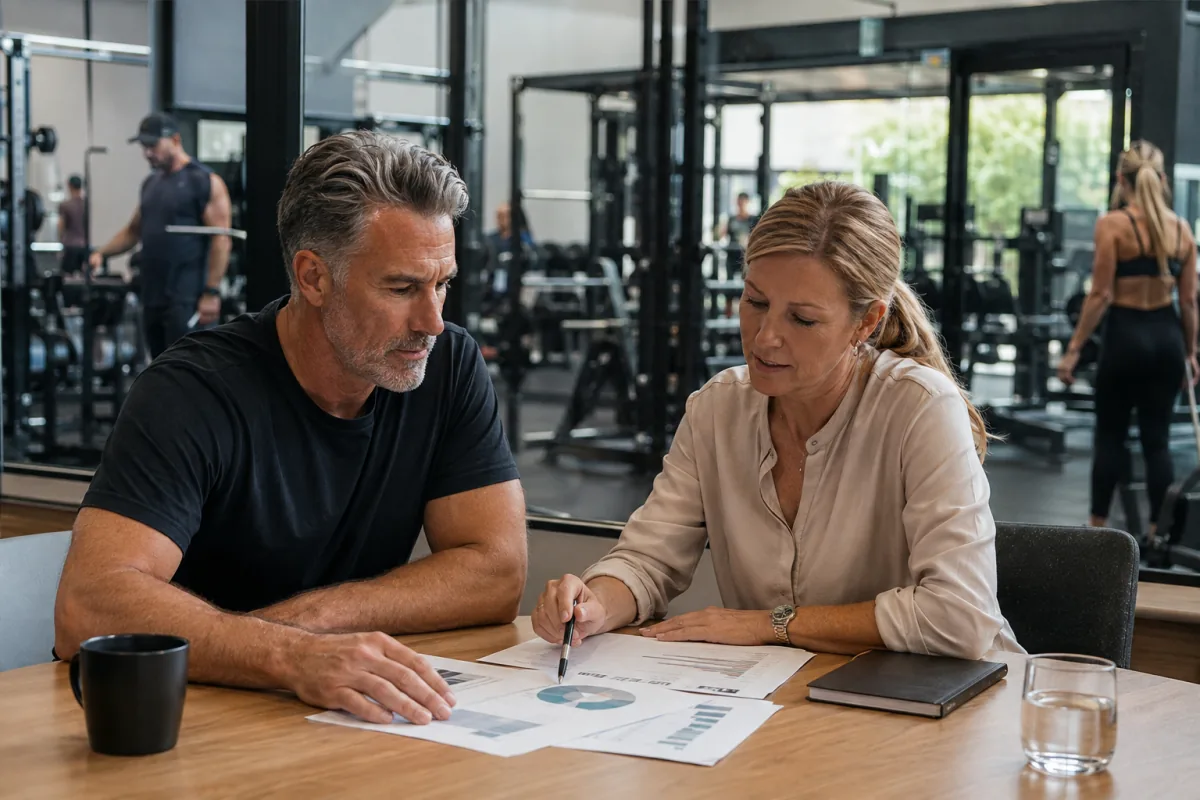 Gym operator and adviser comparing business performance reports