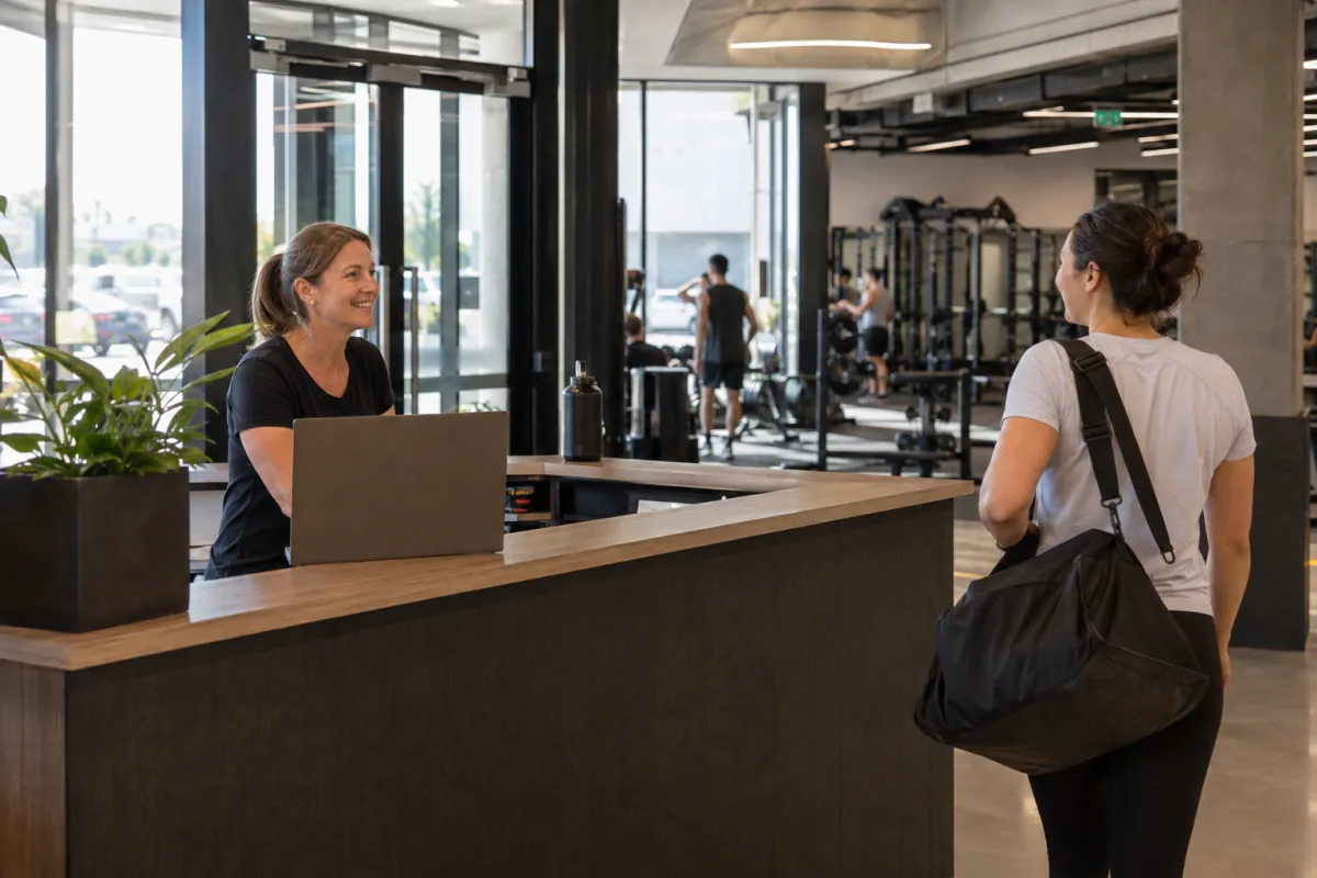 Gym manager welcoming a member while managing the reception desk
