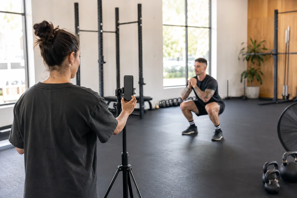 Gym owner filming a training demonstration for marketing