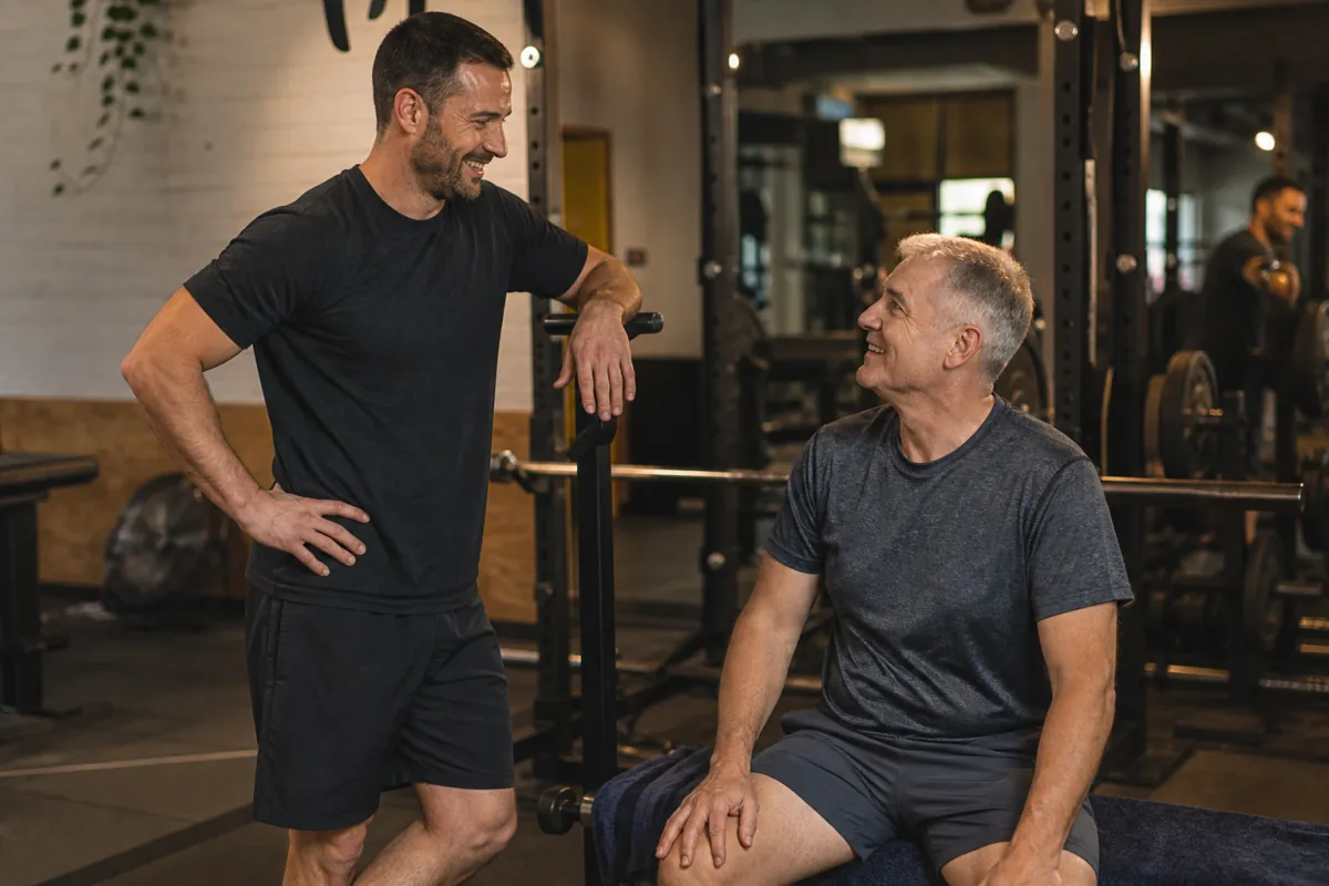 Coach checking in with a regular member between training sets
