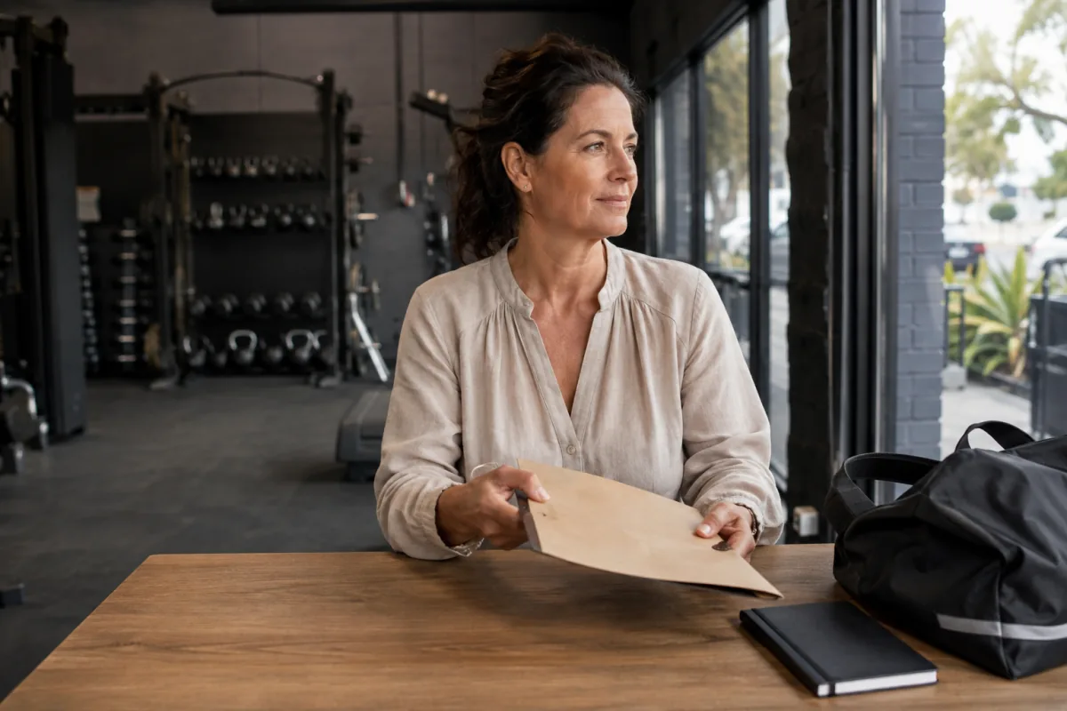 Studio owner reviewing her software options beside a gym window