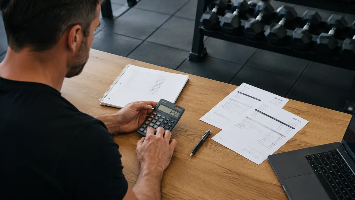 Gym owner comparing software expenses with a calculator and invoices
