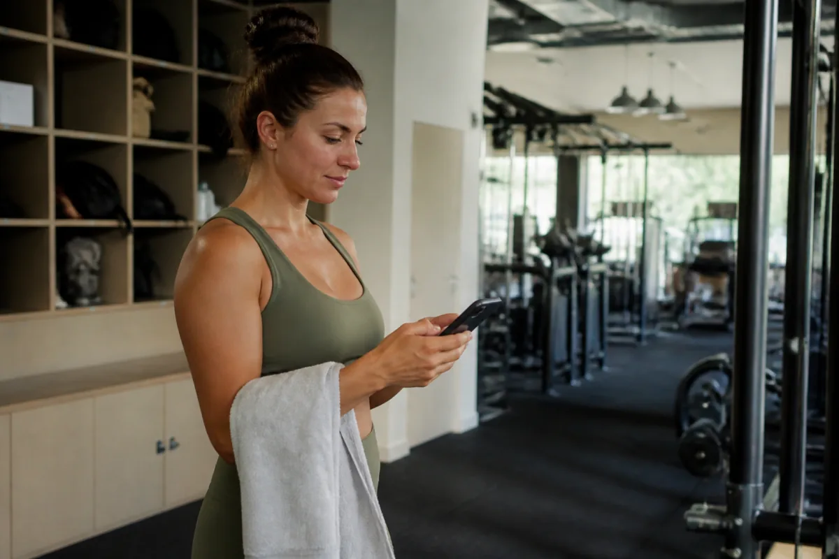 Gym member checking her phone before a class