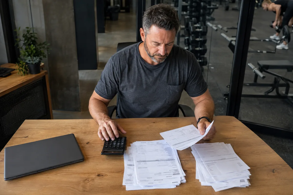 Gym owner reviewing invoices to understand software expenses