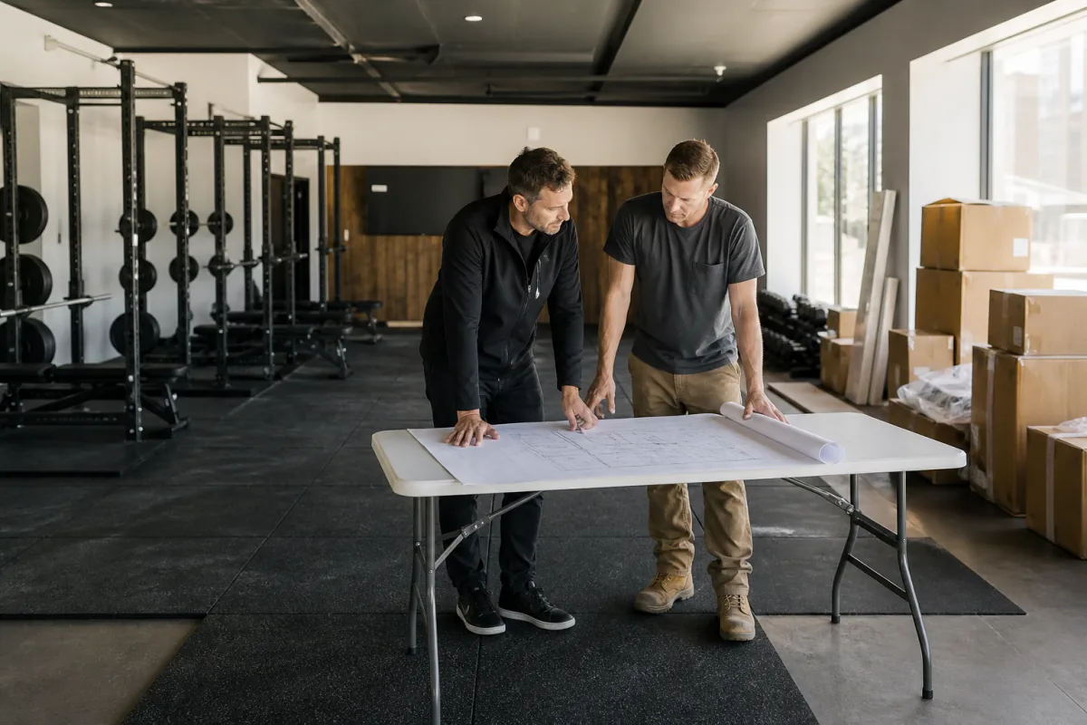 Gym founder and contractor reviewing fitout costs before opening