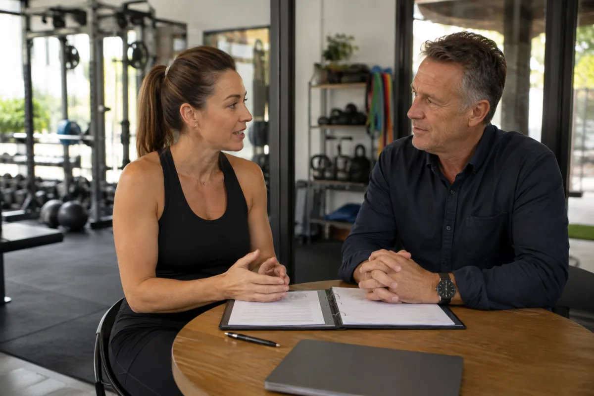 Gym entrepreneur discussing a business plan with a funding adviser