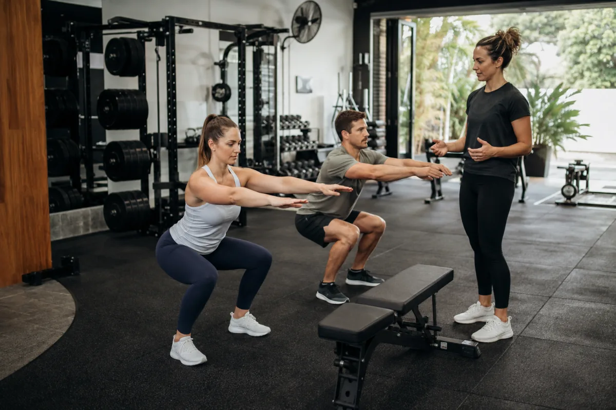 A coach guiding members through a workout in a sunlit gym