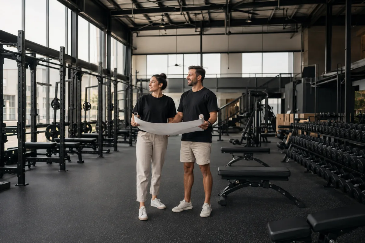 Two gym founders reviewing their newly fitted strength training space