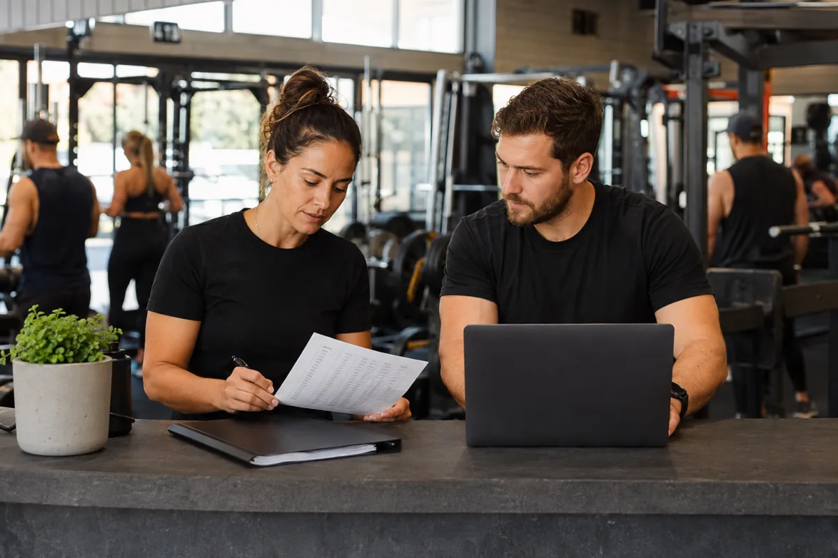 Gym staff checking member records during a CRM handover
