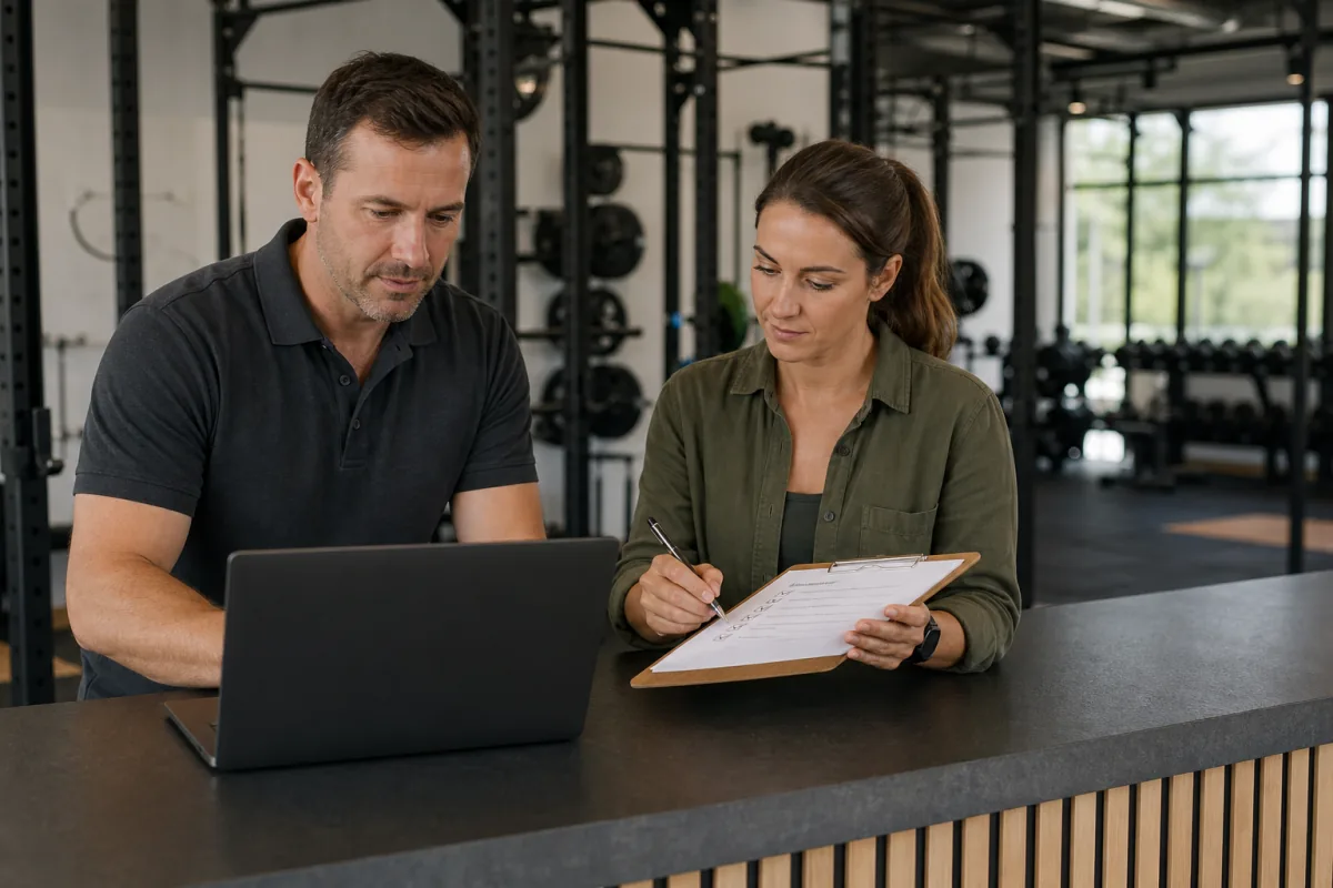 Gym operations team working through a software migration checklist