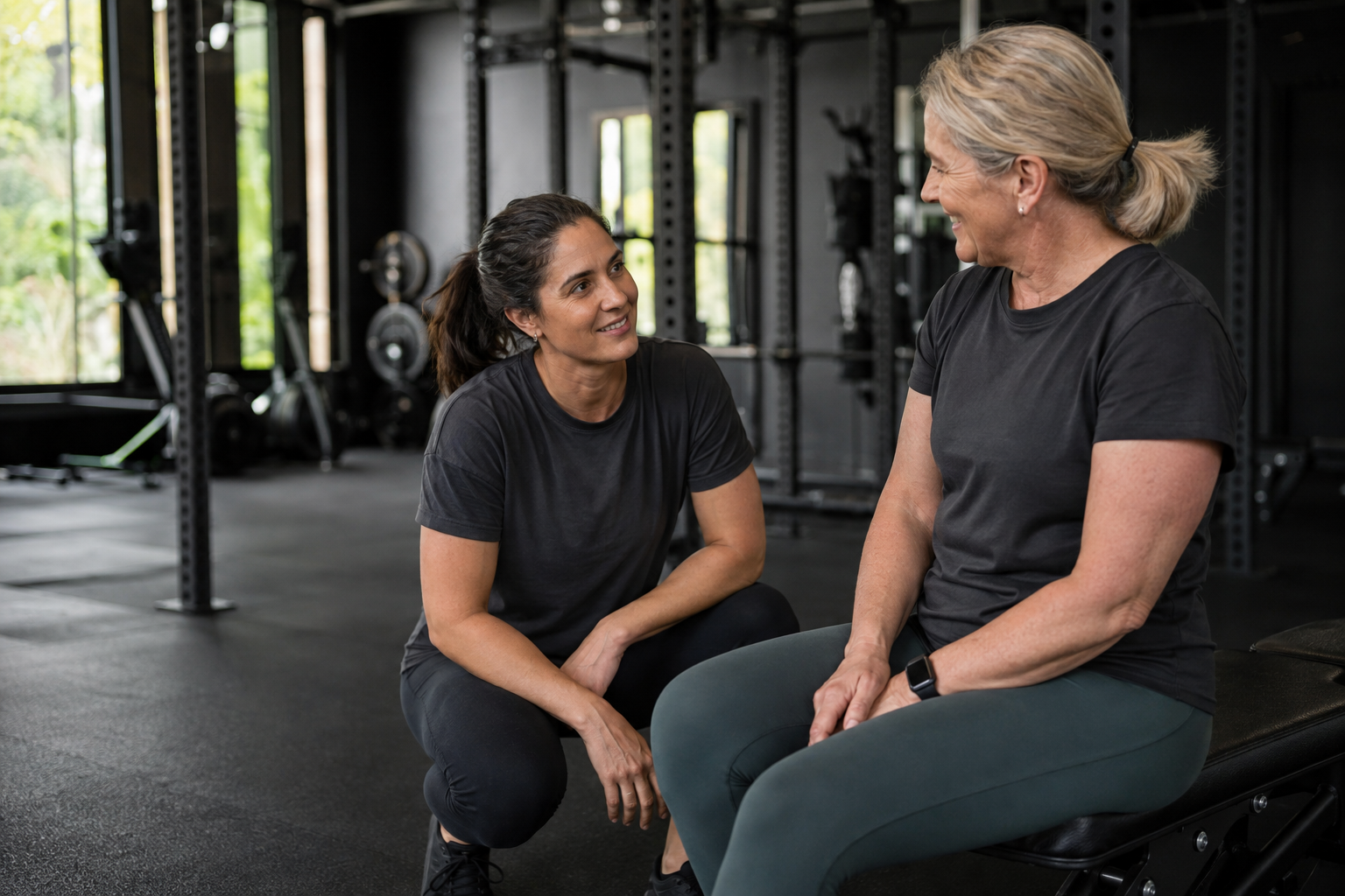 A coach taking time to listen to a member between sets