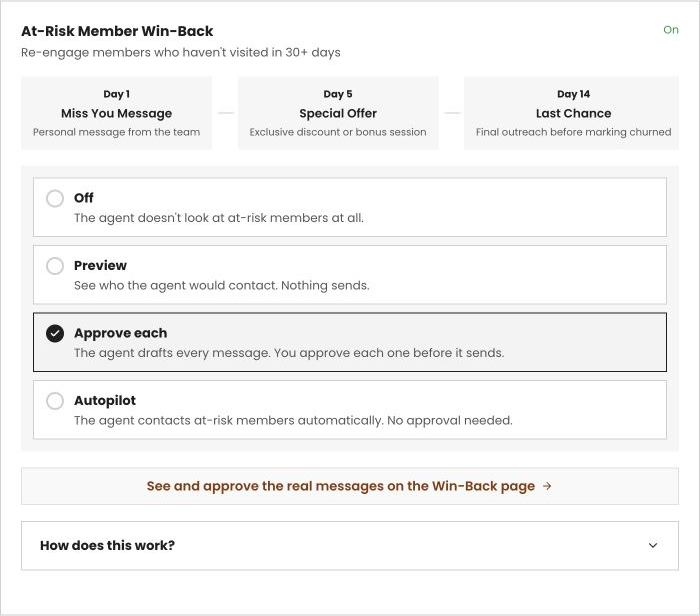 Preview, approve each message or use autopilot in the Pulse win-back controls.