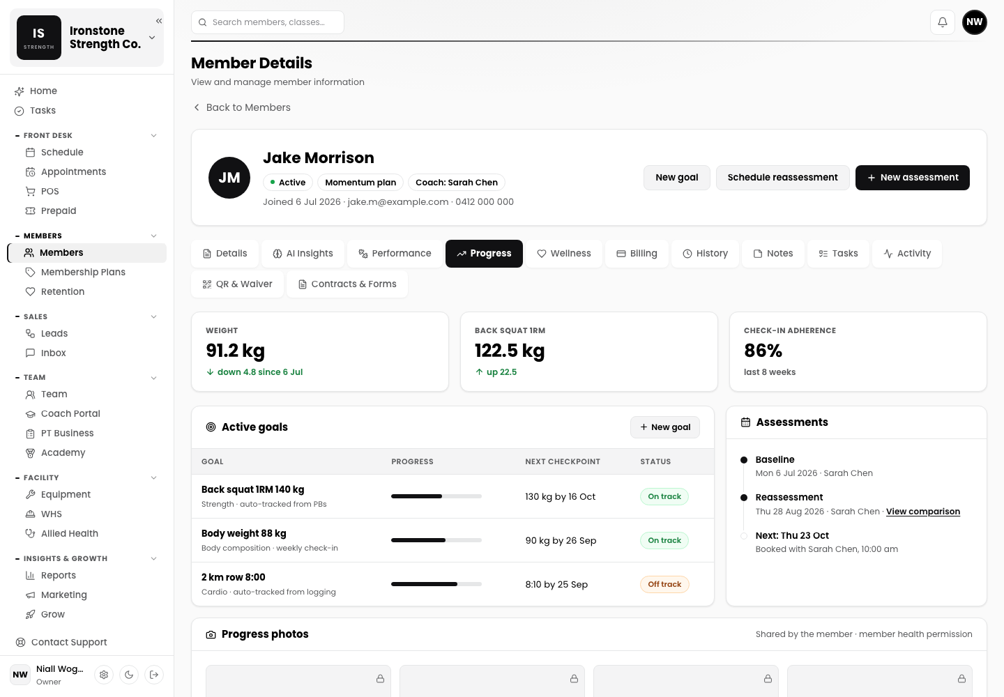 Gym dashboard: member profile Progress tab with active goals and assessment history, sample data