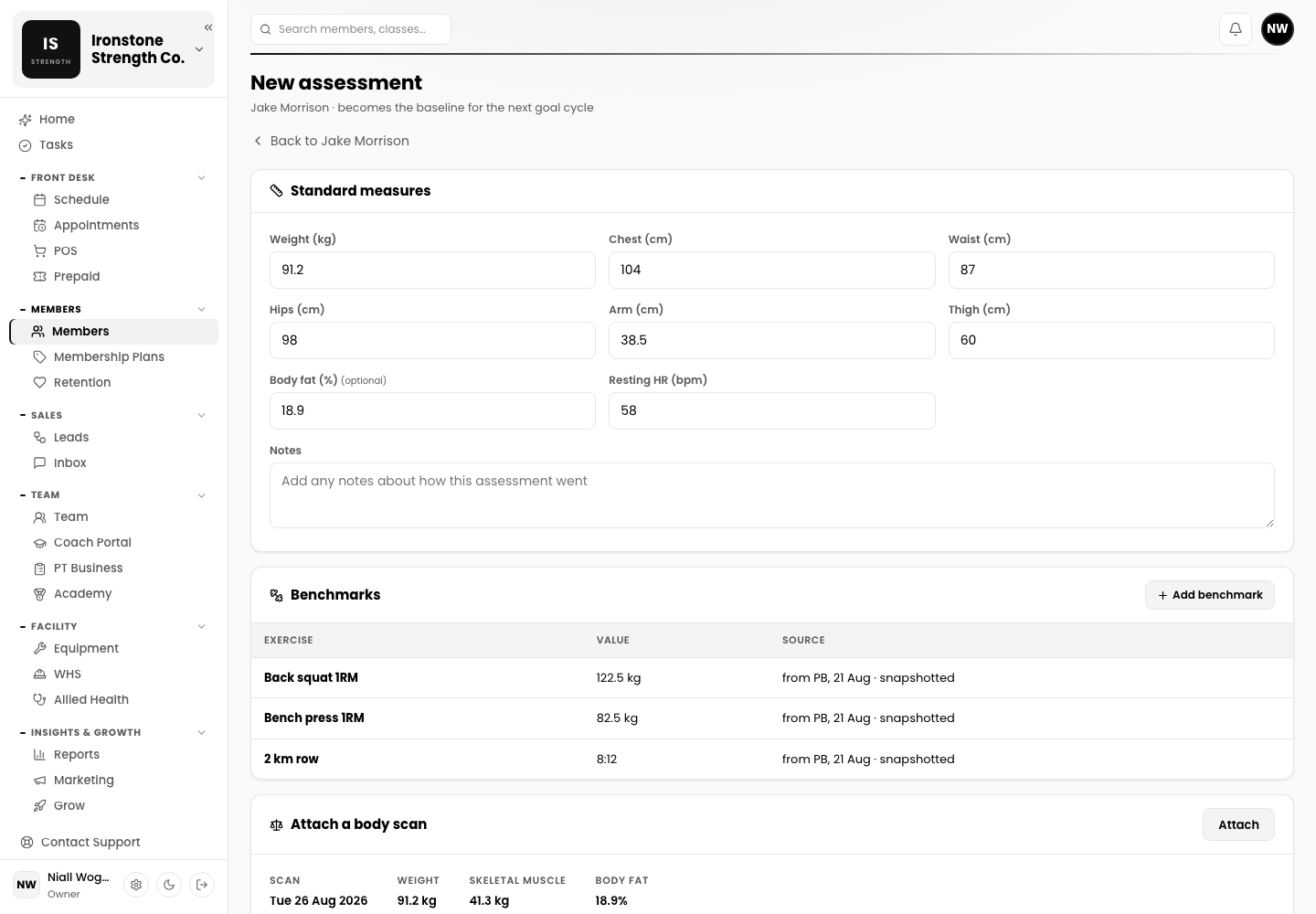 Gym dashboard: new assessment form with standard measures and benchmark lifts, sample data
