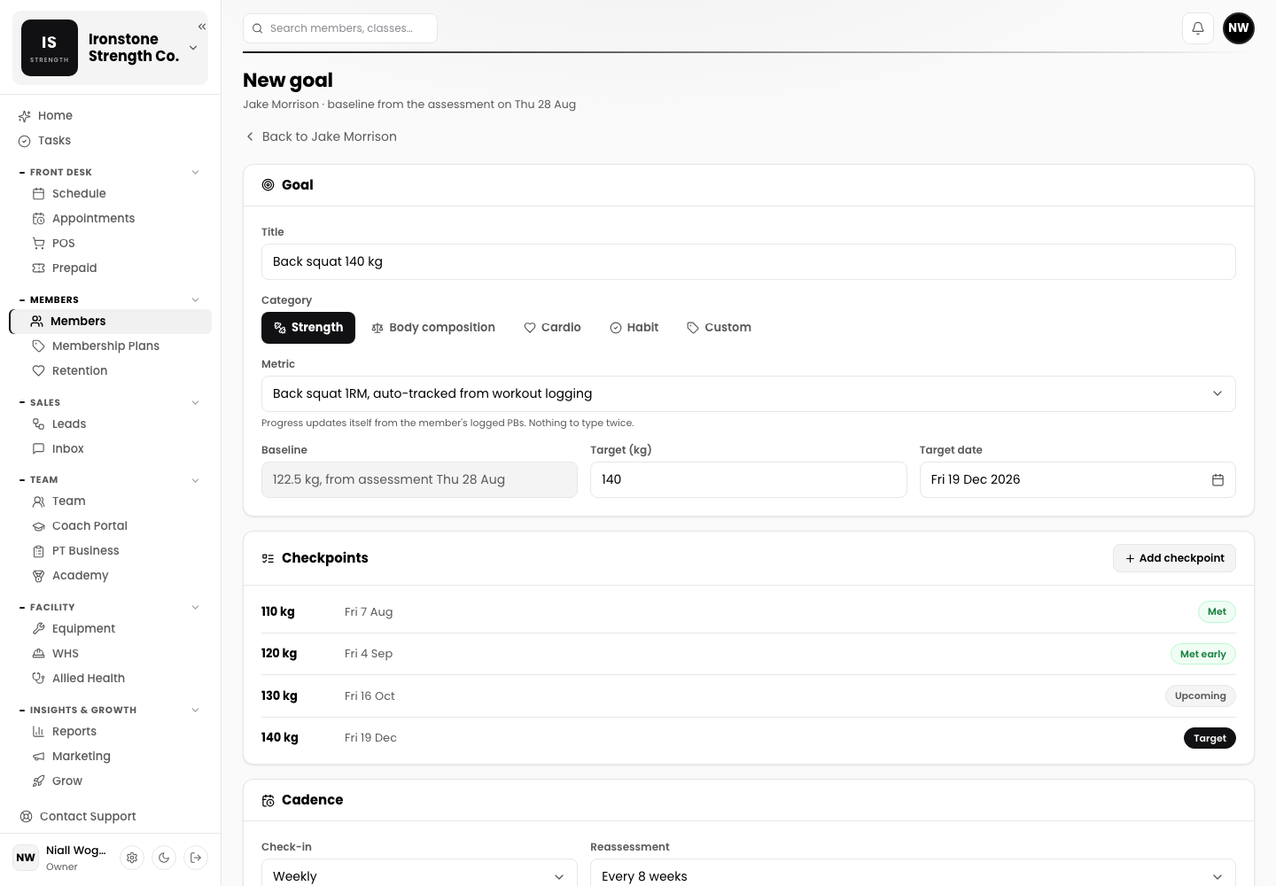 Gym dashboard: new goal builder with category, metric, baseline, target date and checkpoints, sample data