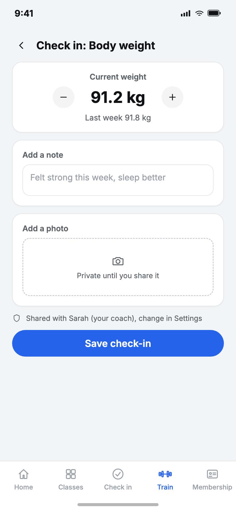 VERVE Pulse member app, check in screen, sample data