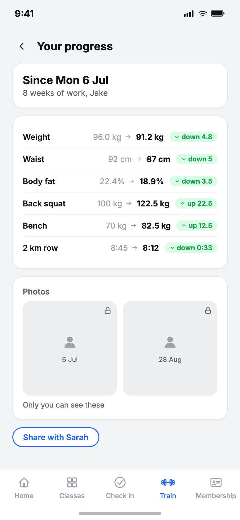 VERVE Pulse member app, comparison screen, sample data