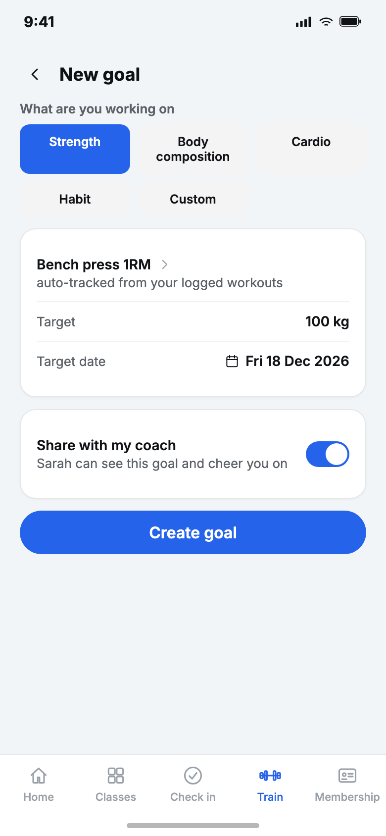 VERVE Pulse member app, new goal screen, sample data