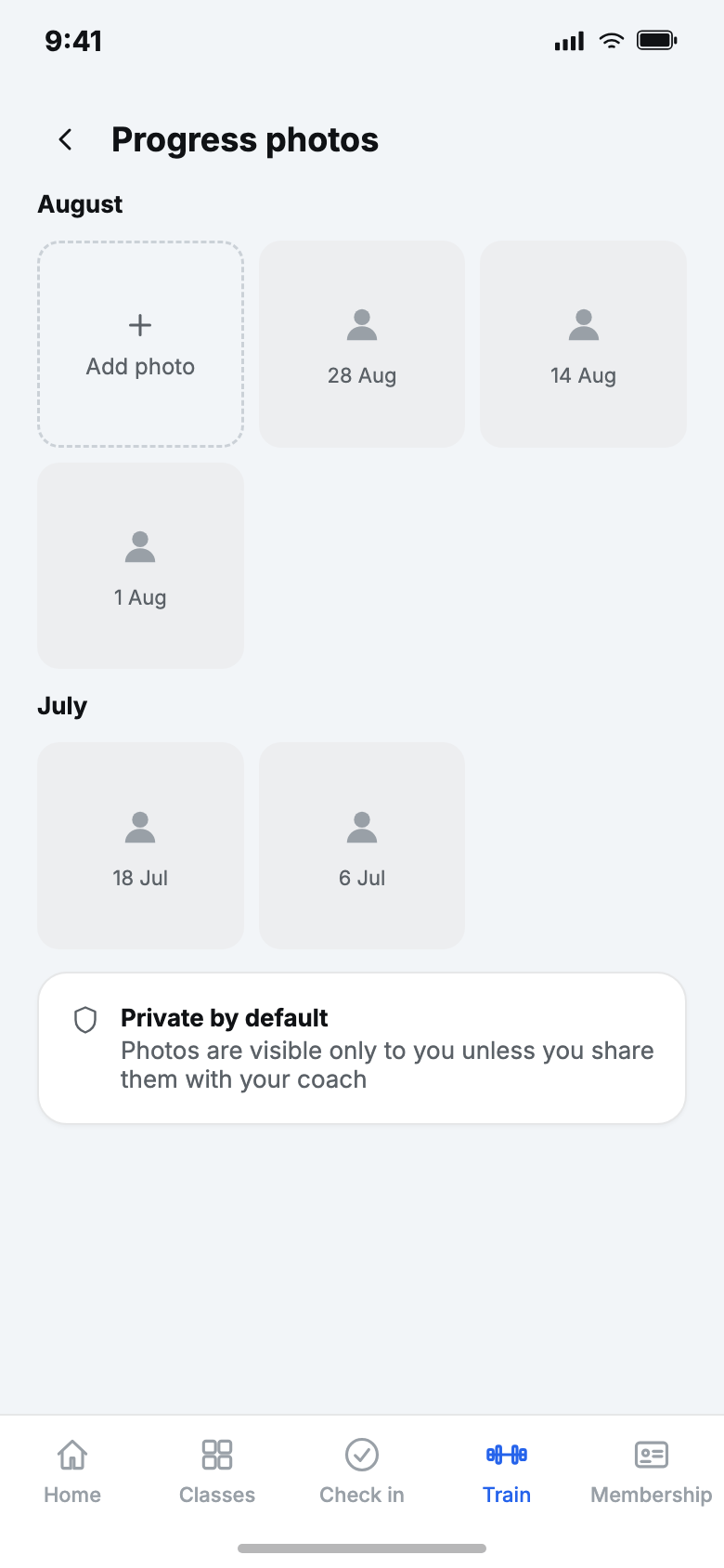 VERVE Pulse member app, photos screen, sample data