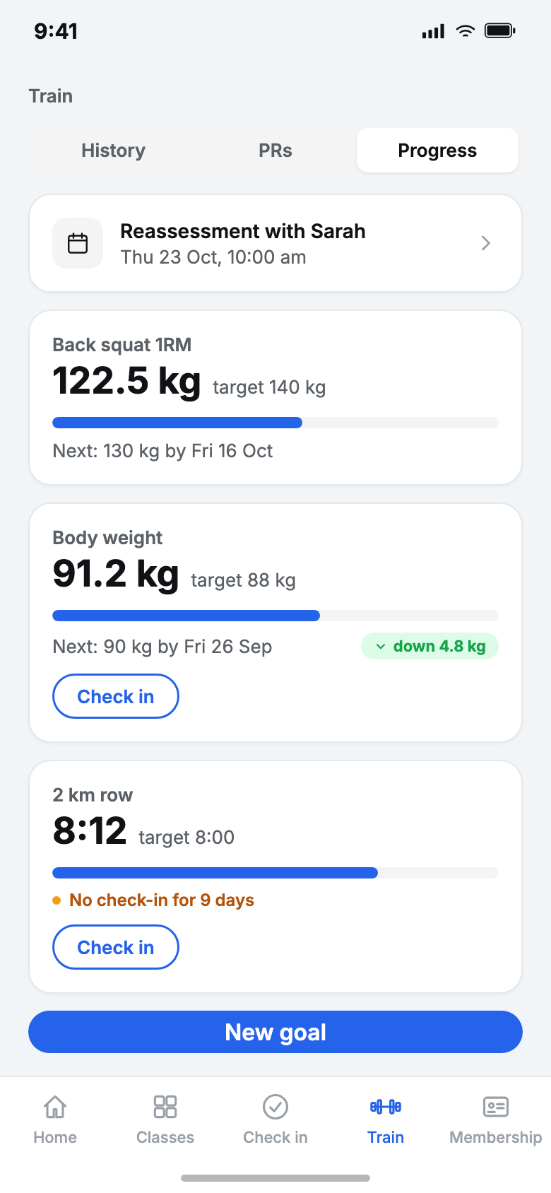 VERVE Pulse member app, progress screen, sample data