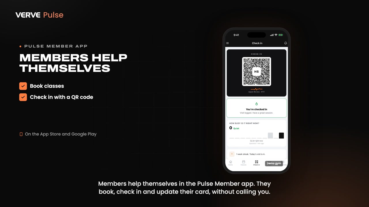 Pulse member app with class booking and QR-code check-in